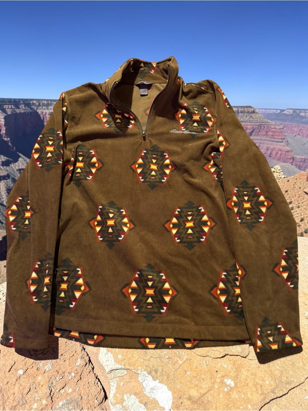 Eddie Bauer Brown Aztec-Pattern Quarter-Zip Fleece Pullover
